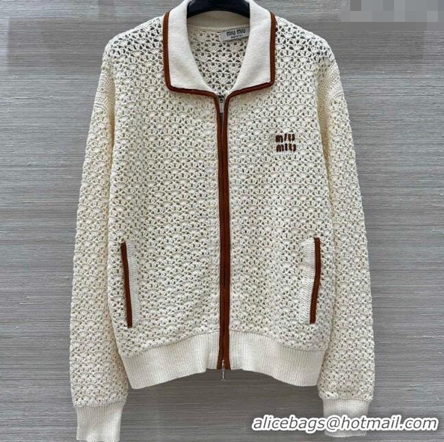 Top Quality Miu Miu Wool Crochet Cardigan 0813 Cream White 2025