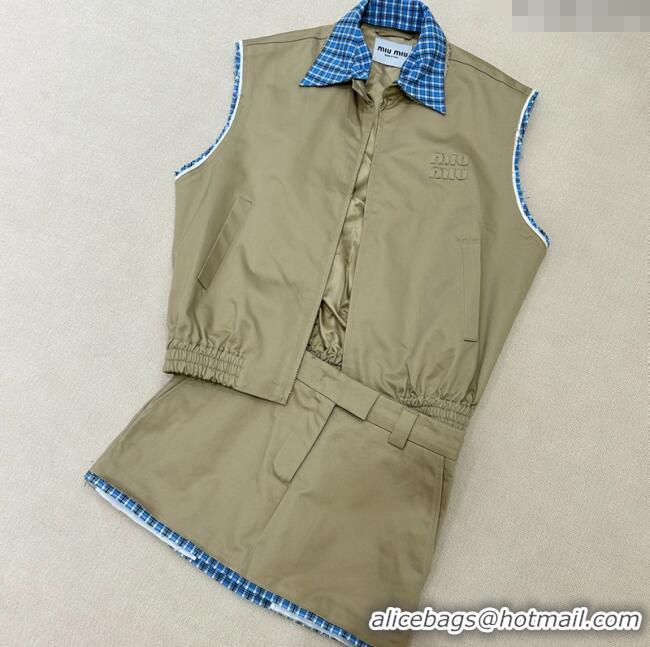 Super Quality Miu Miu Vest and Mini Skirt Set with Plaid Trim MIU090301 Khaki 2025
