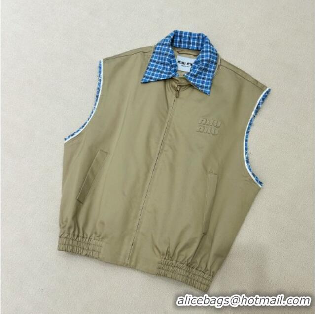Super Quality Miu Miu Vest and Mini Skirt Set with Plaid Trim MIU090301 Khaki 2025