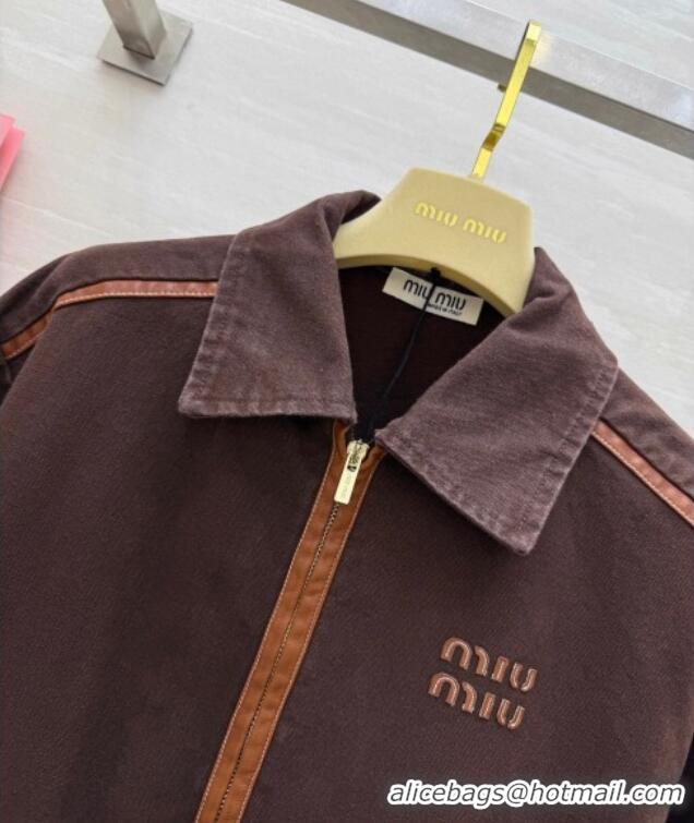 Top Quality Miu Miu Denim and Lambskin Jacket 0814 Coco Brown 2025