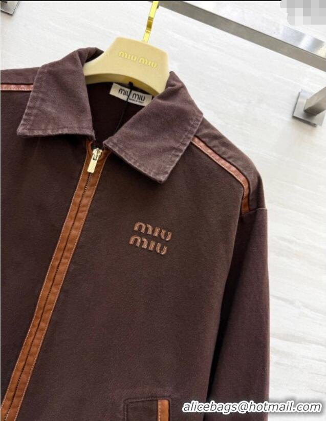 Top Quality Miu Miu Denim and Lambskin Jacket 0814 Coco Brown 2025