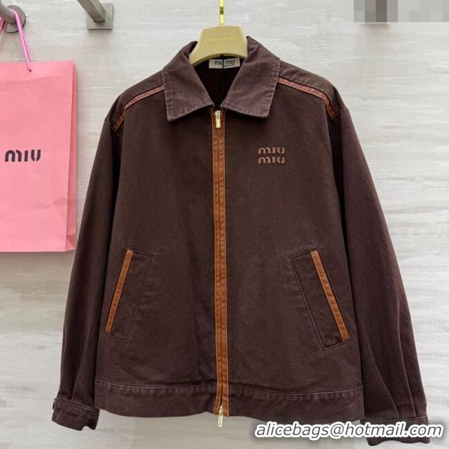 Top Quality Miu Miu Denim and Lambskin Jacket 0814 Coco Brown 2025