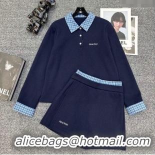 Grade Quality Miu Miu Sweatshirt and Shorts Set with Plaid Trim MIU0903014 Blue 2025
