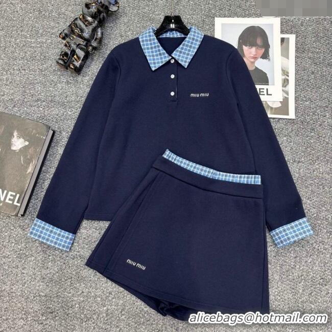 Grade Quality Miu Miu Sweatshirt and Shorts Set with Plaid Trim MIU0903014 Blue 2025