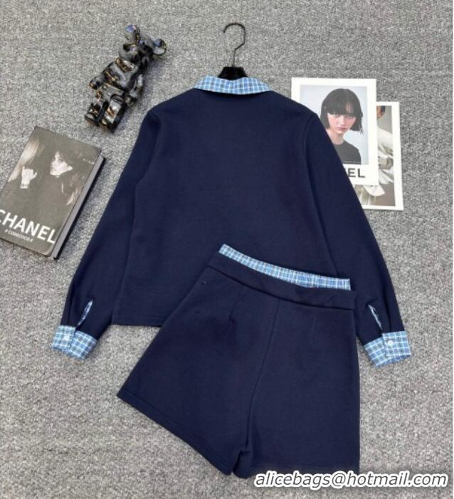 Grade Quality Miu Miu Sweatshirt and Shorts Set with Plaid Trim MIU0903014 Blue 2025