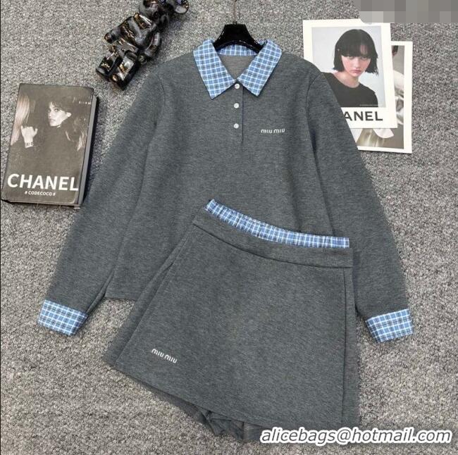 Good Taste Miu Miu Sweatshirt and Shorts Set with Plaid Trim MIU0903014 Grey 2025