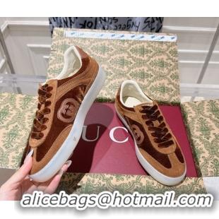 Grade Gucci G75 Sneakers in Velvet and Suede Brown 1021034