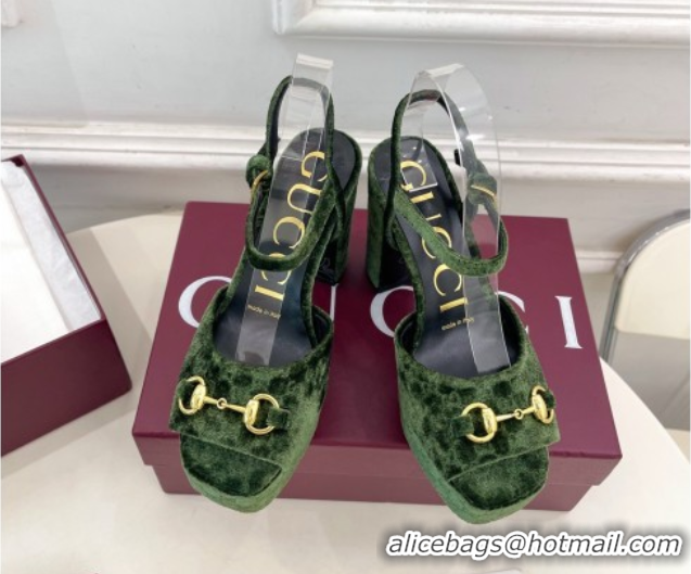 Charming Gucci GG Velvet Platform Sandals 11.5cm with Horsebit Green 1021042
