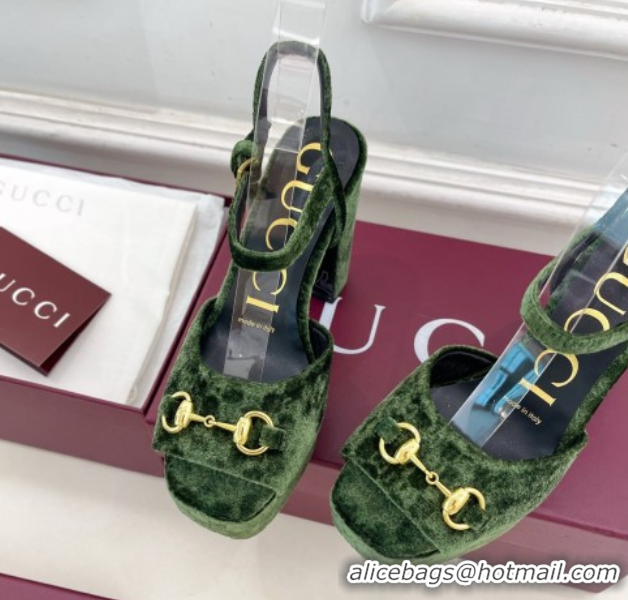 Charming Gucci GG Velvet Platform Sandals 11.5cm with Horsebit Green 1021042