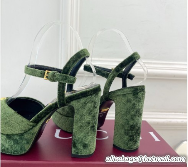 Charming Gucci GG Velvet Platform Sandals 11.5cm with Horsebit Green 1021042