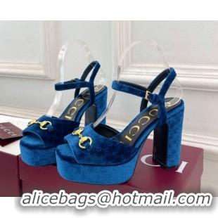 Top Design Gucci GG Velvet Platform Sandals 11.5cm with Horsebit Blue GG102101 1021043