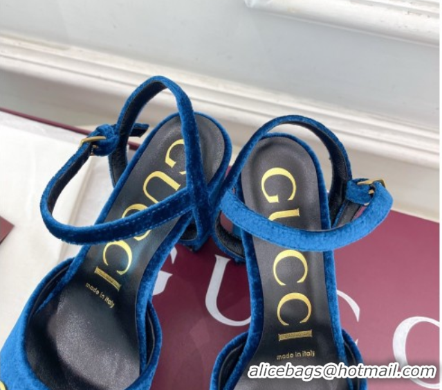 Top Design Gucci GG Velvet Platform Sandals 11.5cm with Horsebit Blue GG102101 1021043