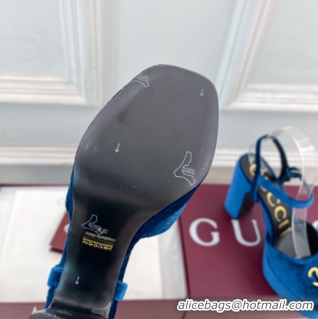 Top Design Gucci GG Velvet Platform Sandals 11.5cm with Horsebit Blue GG102101 1021043