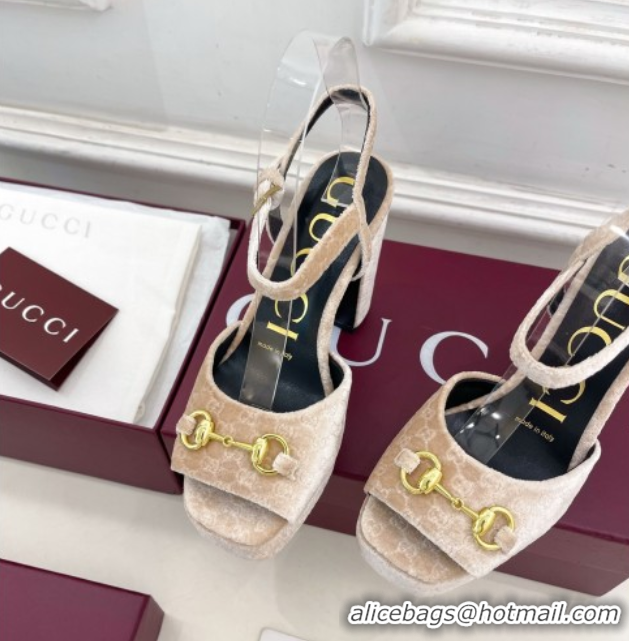 Good Quality Gucci GG Velvet Platform Sandals 11.5cm with Horsebit Beige GG102101 1021044
