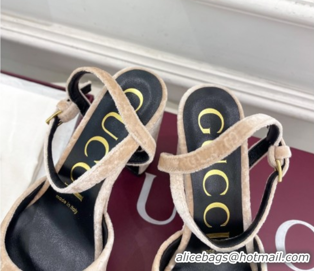 Good Quality Gucci GG Velvet Platform Sandals 11.5cm with Horsebit Beige GG102101 1021044