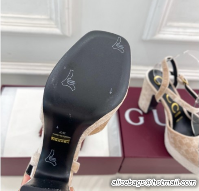 Good Quality Gucci GG Velvet Platform Sandals 11.5cm with Horsebit Beige GG102101 1021044