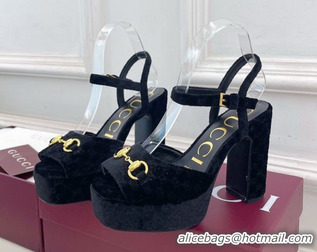 Luxury Cheap Gucci GG Velvet Platform Sandals 11.5cm with Horsebit Black GG102101 1021046