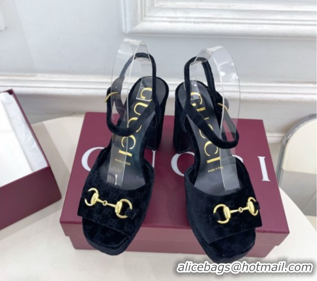 Luxury Cheap Gucci GG Velvet Platform Sandals 11.5cm with Horsebit Black GG102101 1021046