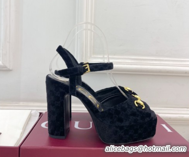 Luxury Cheap Gucci GG Velvet Platform Sandals 11.5cm with Horsebit Black GG102101 1021046
