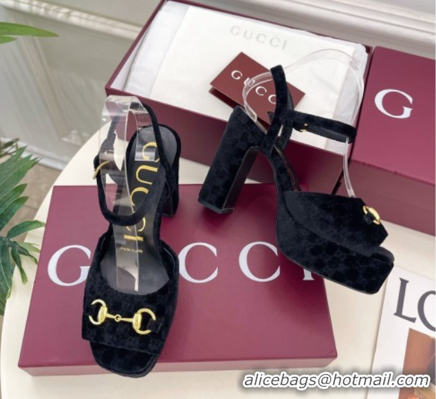 Luxury Cheap Gucci GG Velvet Platform Sandals 11.5cm with Horsebit Black GG102101 1021046