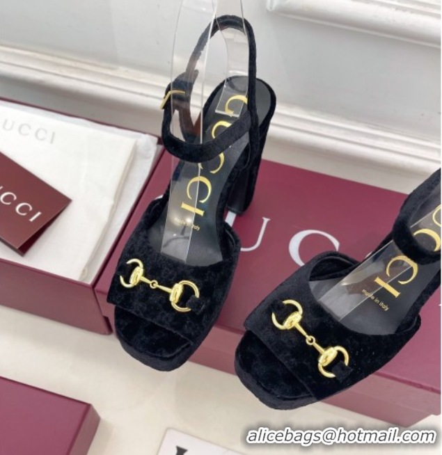 Luxury Cheap Gucci GG Velvet Platform Sandals 11.5cm with Horsebit Black GG102101 1021046