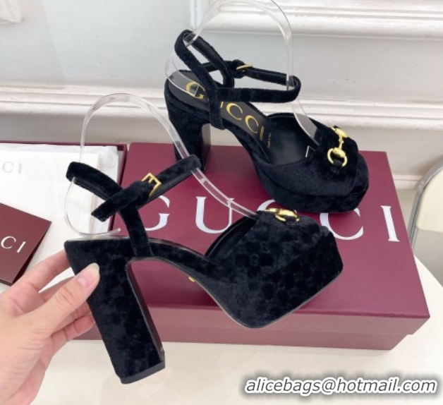 Luxury Cheap Gucci GG Velvet Platform Sandals 11.5cm with Horsebit Black GG102101 1021046