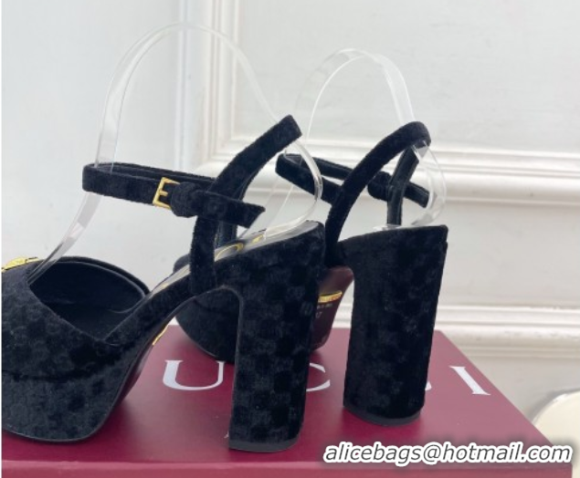 Luxury Cheap Gucci GG Velvet Platform Sandals 11.5cm with Horsebit Black GG102101 1021046