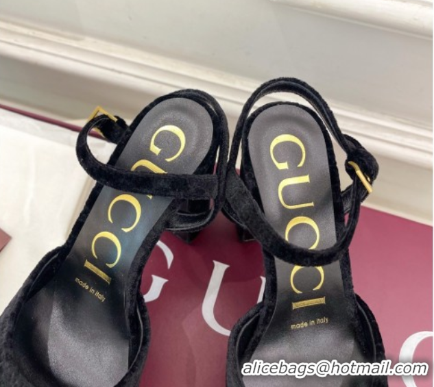 Luxury Cheap Gucci GG Velvet Platform Sandals 11.5cm with Horsebit Black GG102101 1021046