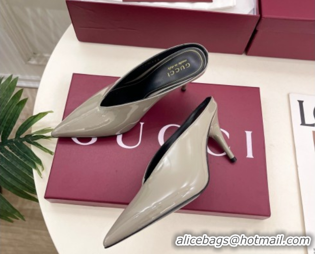 Big Discount Gucci 97 Heeled Mules 8.5cm in Patent Leather Grey 1021048