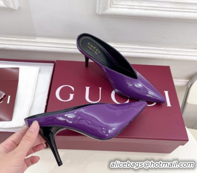 Stylish Gucci 97 Heeled Mules 8.5cm in Patent Leather Purple 1021049