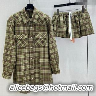 Luxury Cheap Miu Miu Wool Plaid Shirt and Shorts Set M091806 Green/Brown 2025