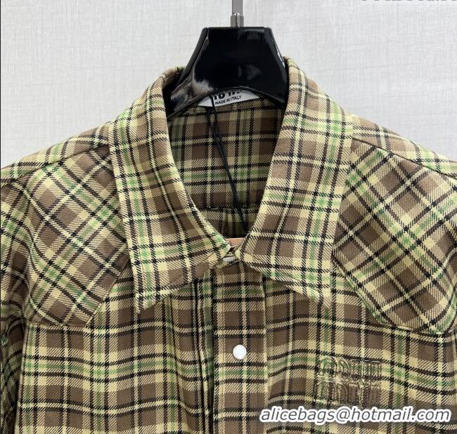 Luxury Cheap Miu Miu Wool Plaid Shirt and Shorts Set M091806 Green/Brown 2025