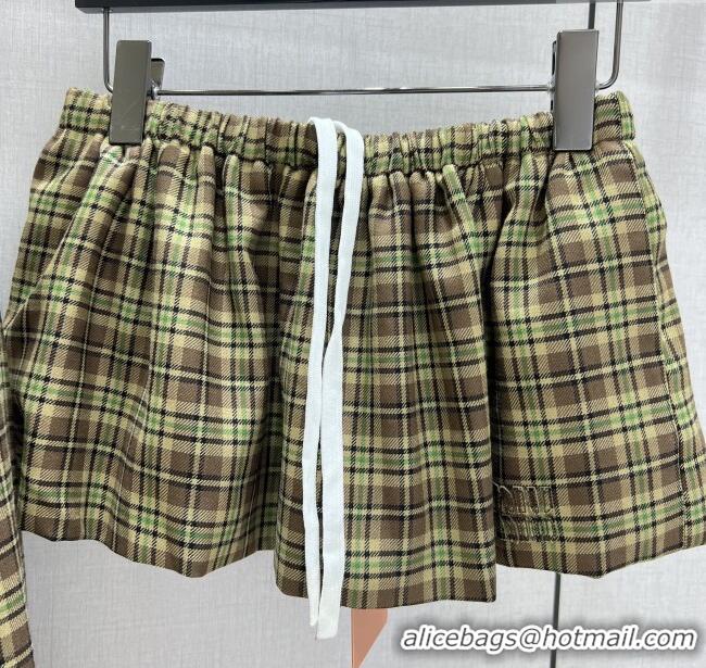 Luxury Cheap Miu Miu Wool Plaid Shirt and Shorts Set M091806 Green/Brown 2025