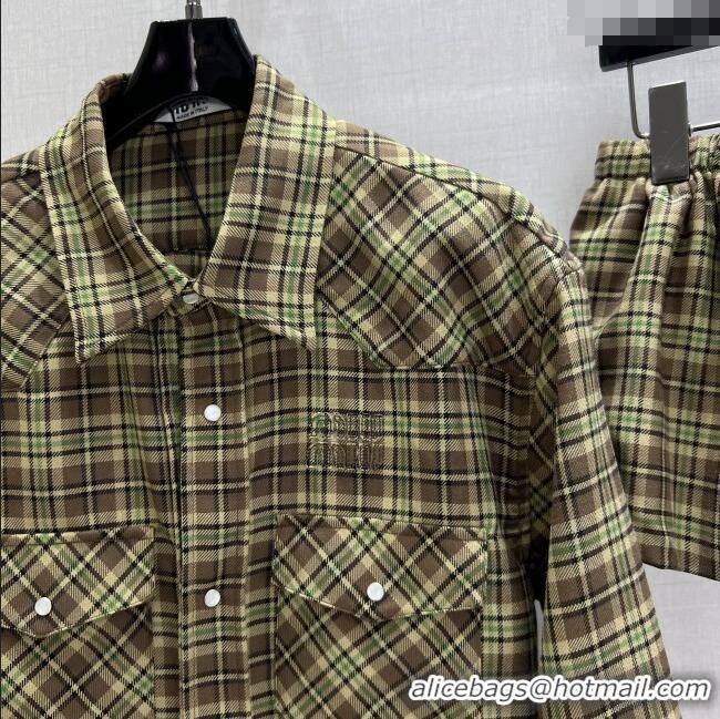 Luxury Cheap Miu Miu Wool Plaid Shirt and Shorts Set M091806 Green/Brown 2025