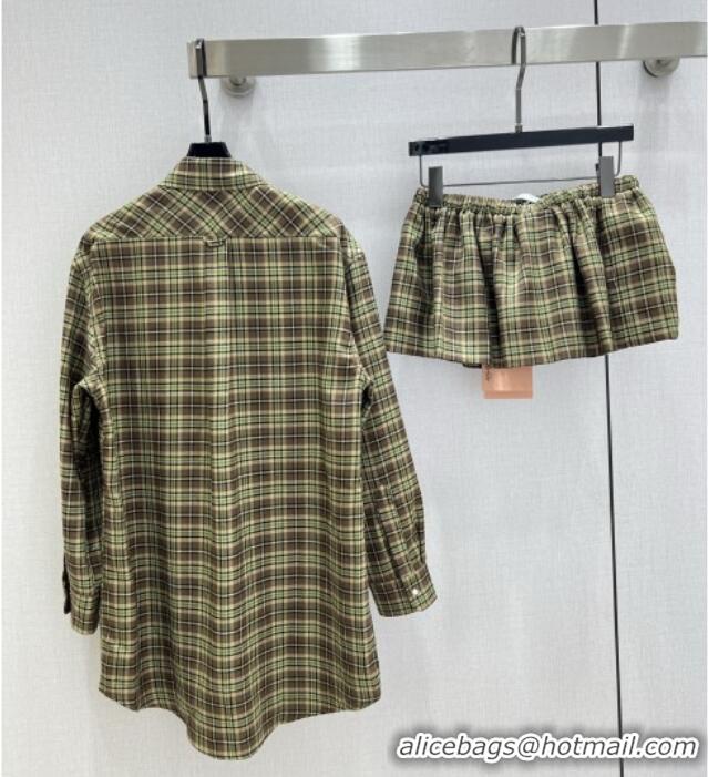 Luxury Cheap Miu Miu Wool Plaid Shirt and Shorts Set M091806 Green/Brown 2025
