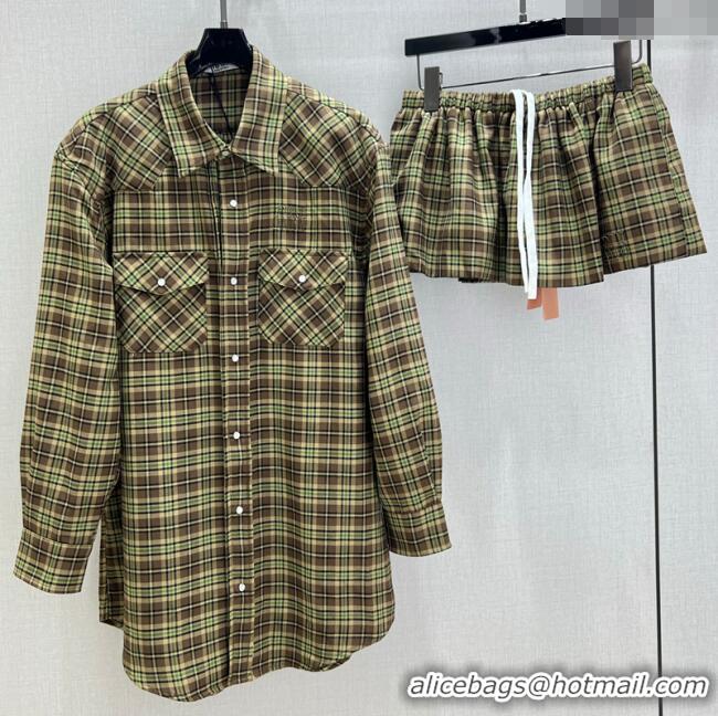 Luxury Cheap Miu Miu Wool Plaid Shirt and Shorts Set M091806 Green/Brown 2025
