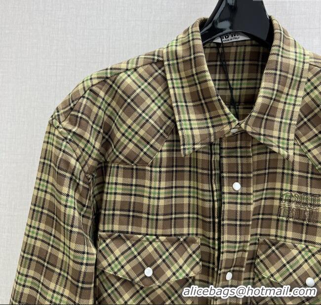 Luxury Cheap Miu Miu Wool Plaid Shirt and Shorts Set M091806 Green/Brown 2025