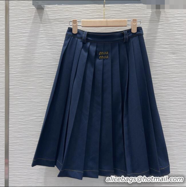 Good Quality Miu Miu Cotton Blend Pleated Skirt M091805 Blue 2025