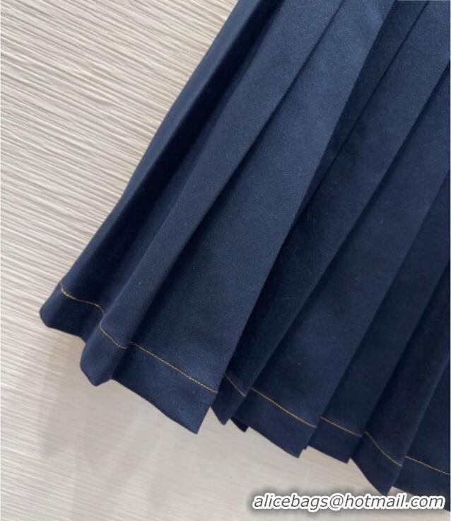 Good Quality Miu Miu Cotton Blend Pleated Skirt M091805 Blue 2025
