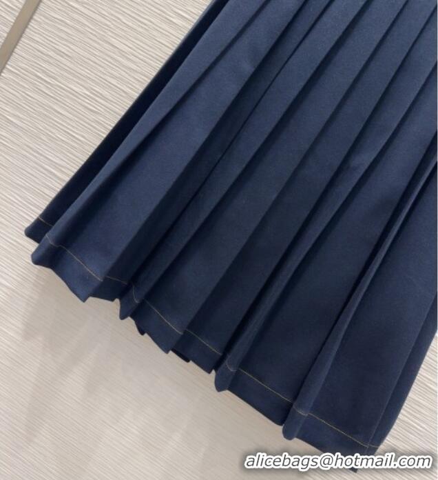 Good Quality Miu Miu Cotton Blend Pleated Skirt M091805 Blue 2025
