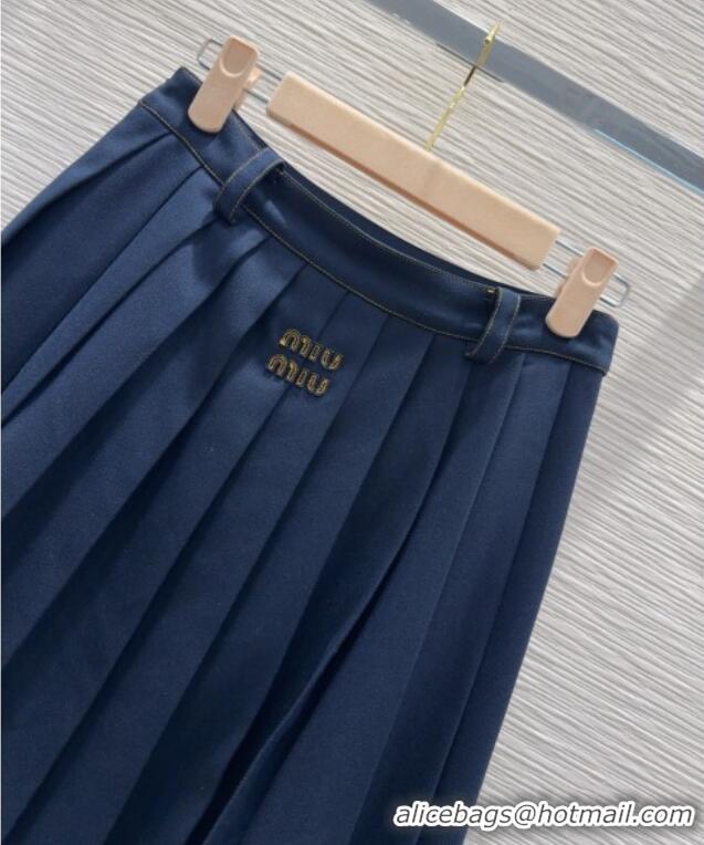 Good Quality Miu Miu Cotton Blend Pleated Skirt M091805 Blue 2025
