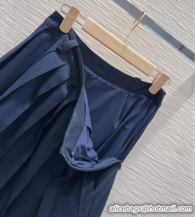 Good Quality Miu Miu Cotton Blend Pleated Skirt M091805 Blue 2025
