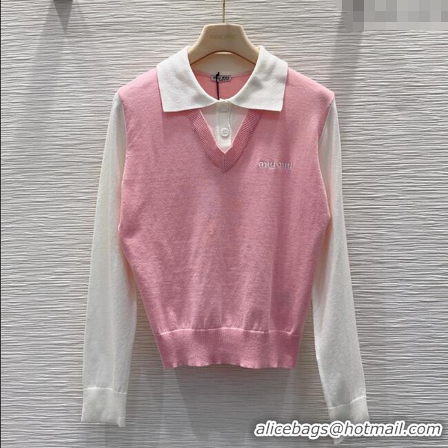 Original Cheap Miu Miu Wool Polo Shirt M091808 Pink/White 2025