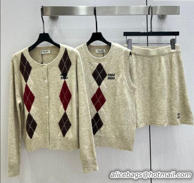 Luxury Cheap Miu Miu Wool Cashmere Cardigan/Vest/Shorts Set M091811 Beige 2025