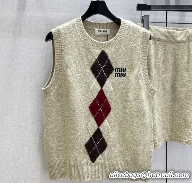 Luxury Cheap Miu Miu Wool Cashmere Cardigan/Vest/Shorts Set M091811 Beige 2025