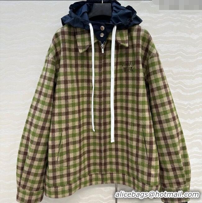 Best Quality Miu Miu Plaid Jacket with Hoodie MM101401 Green/Brown 2025