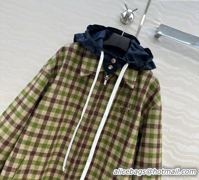 Best Quality Miu Miu Plaid Jacket with Hoodie MM101401 Green/Brown 2025