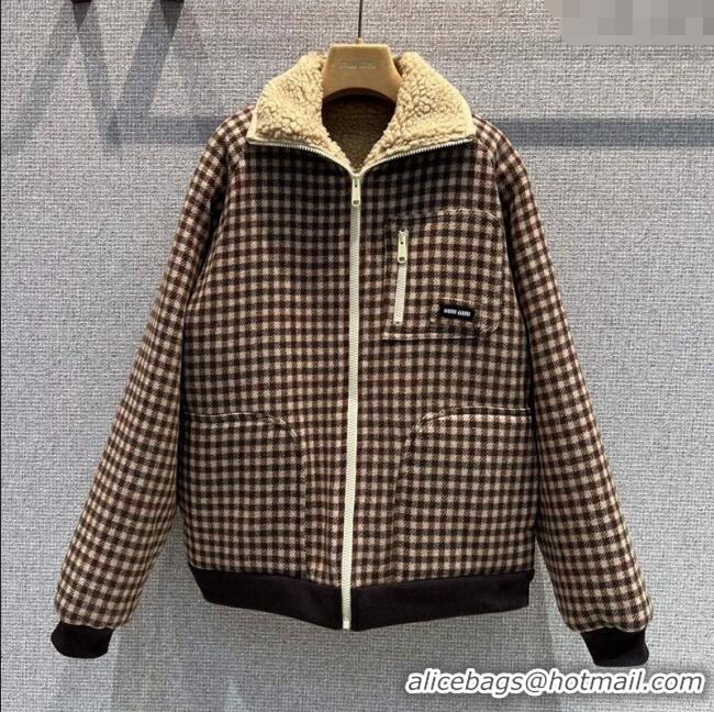 Promotional Miu Miu Wool Blend Plaid Jacket with Lining MM101402 Brown 2025