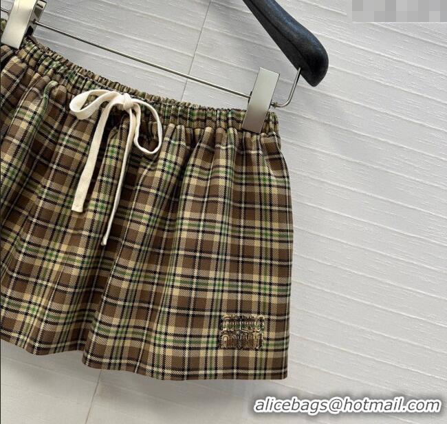 Luxury Cheap Miu Miu Cotton Plaid Mini Shorts MM101404 Brown/Yellow/Green 2025