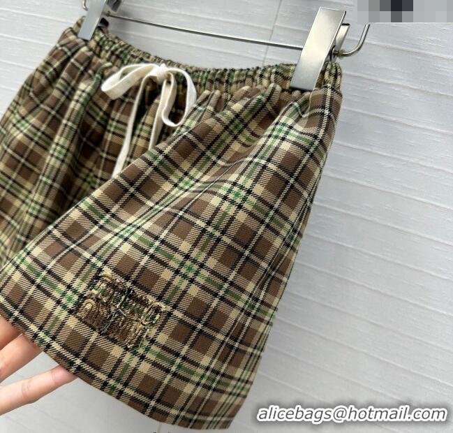 Luxury Cheap Miu Miu Cotton Plaid Mini Shorts MM101404 Brown/Yellow/Green 2025